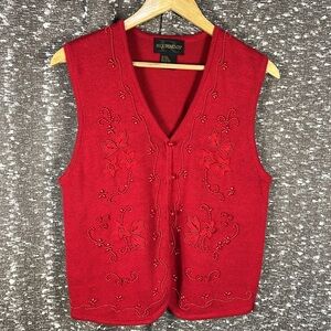 Requirements Red Floral Embroidered Beaded Cotton Button Knit Sweater‎ Vest